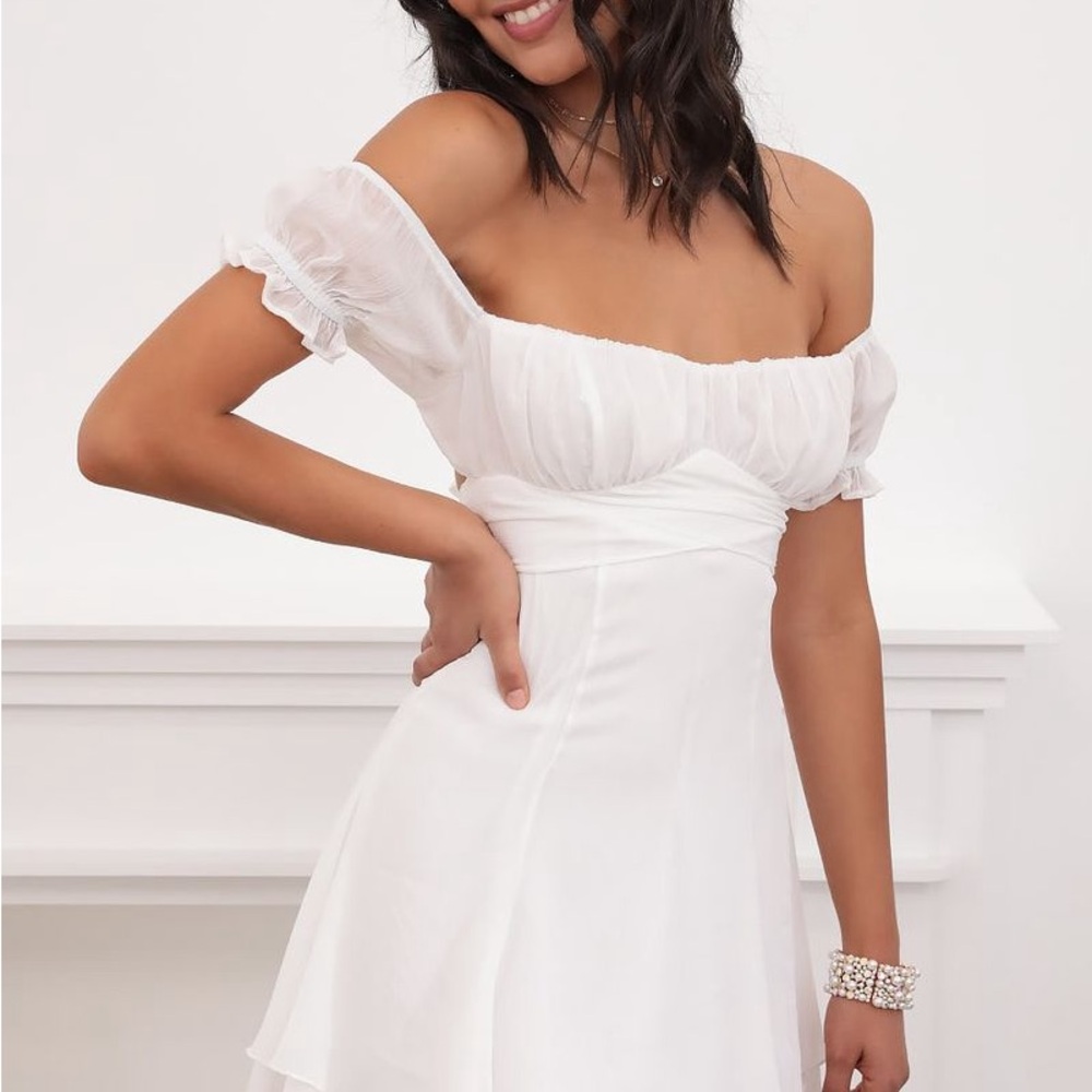 Brand New Lucy in the Sky White Off-Shoulder Puff Sleeve Mini Dress Homecoming